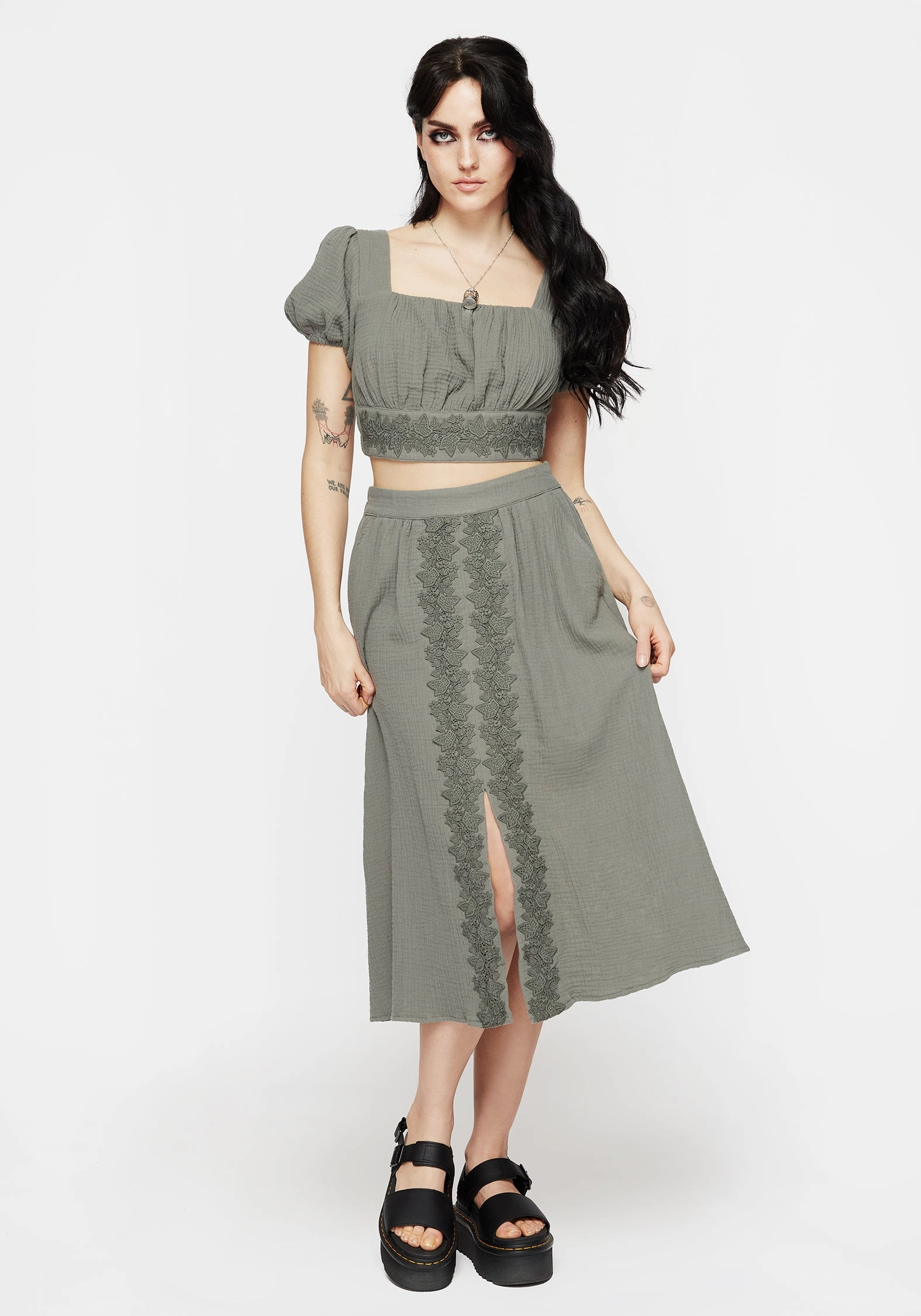 Alder Cotton Ivy Detail Midi Skirt Twist Knot Details