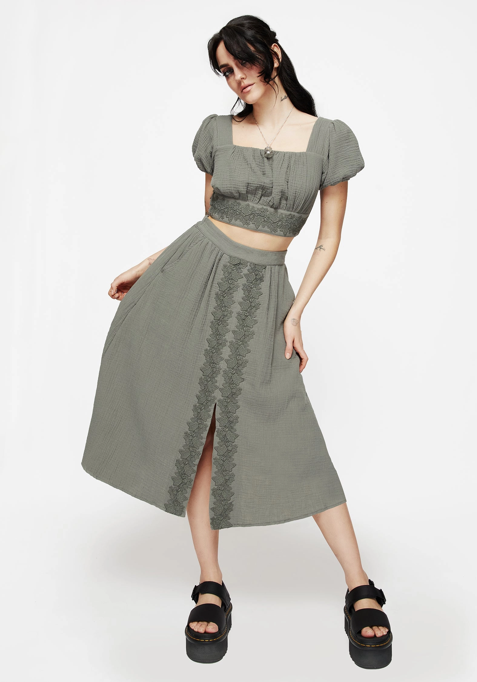 Dance Practice Metallic Finish Alder Cotton Ivy Detail Midi Skirt