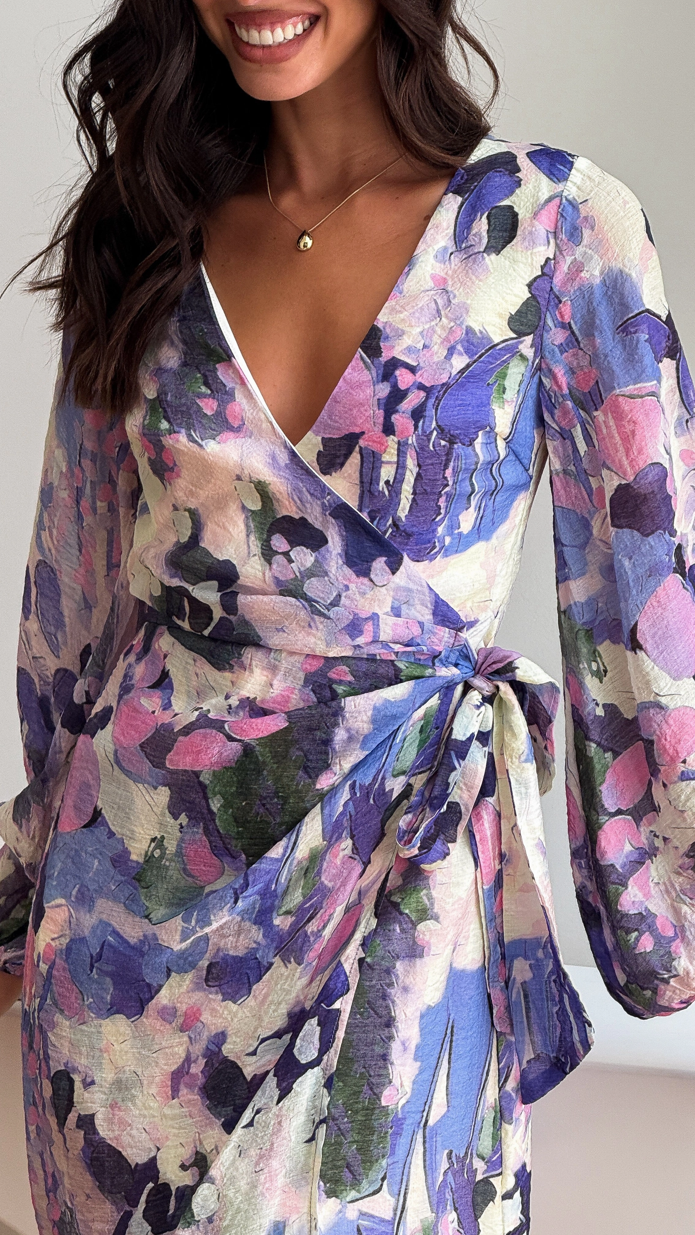 Jemma Long Sleeve Mini Dress - Purple Abstract Flap-Detail