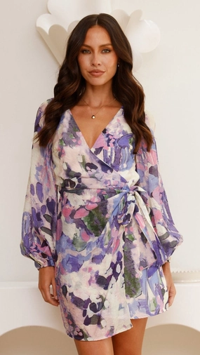 Jemma Long Sleeve Mini Dress - Purple Abstract Dance Night Bust-Enhancing
