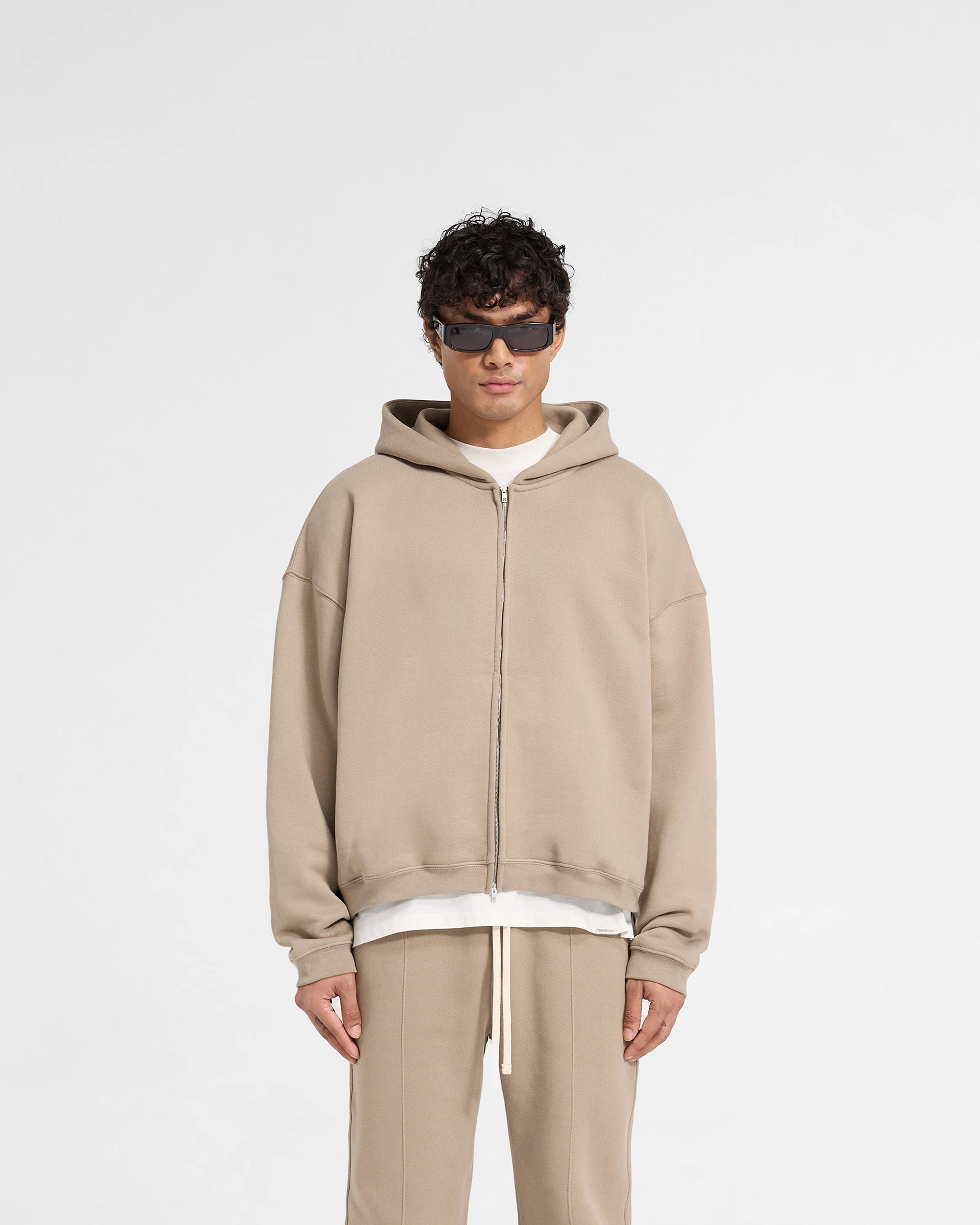 Dressy Casual Initial Boxy Zip Through Hoodie - Dune