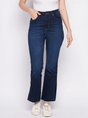 Fashion Lover Youth Style Smooth Odor Control Coating Madame Dark Blue Mid-Rise Boot -Cut Jean