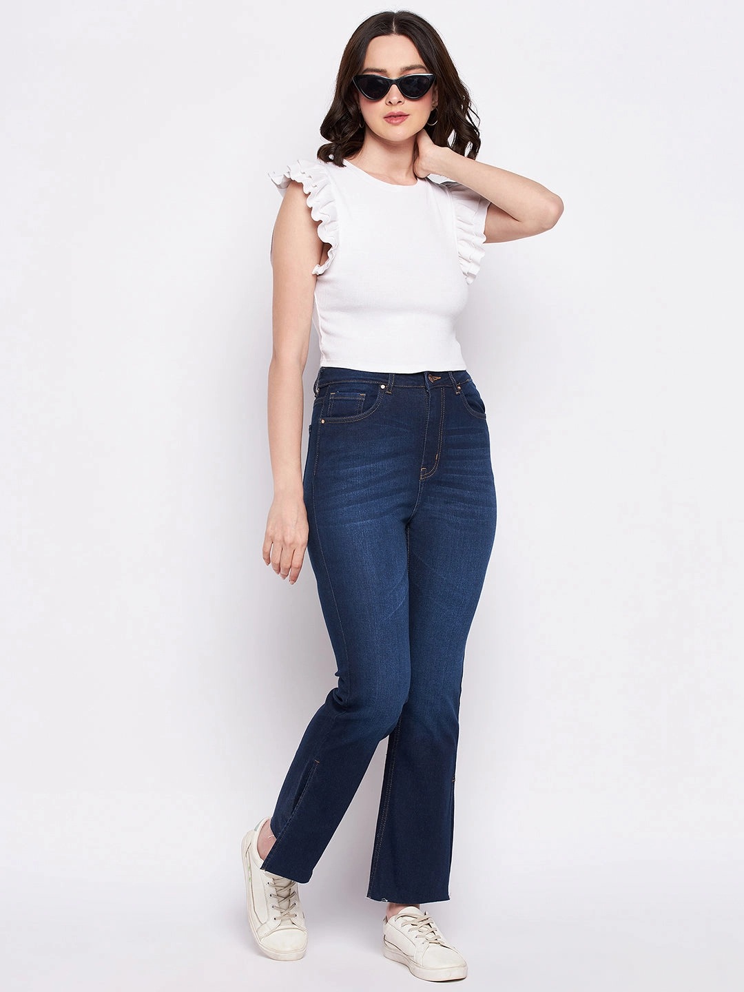 Work Outfit Modern Minimalist Stretch Madame Dark Blue Mid-Rise Boot -Cut Jean