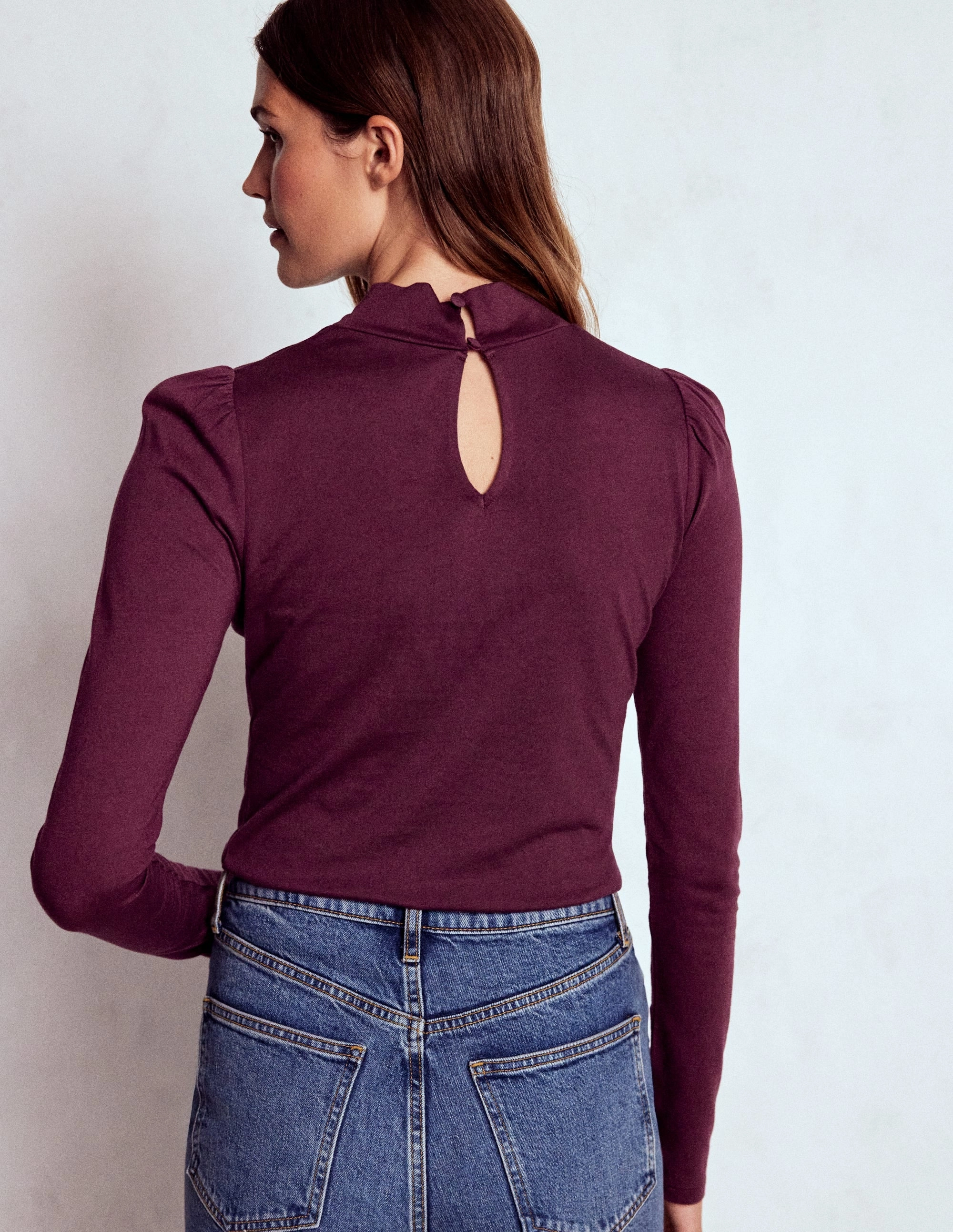 Layered Collar System Puff Shoulder Jersey Top-Dark Cherry