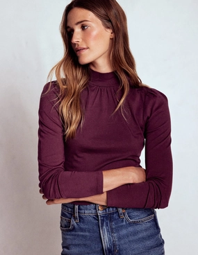 Puff Shoulder Jersey Top-Dark Cherry Casual Tee