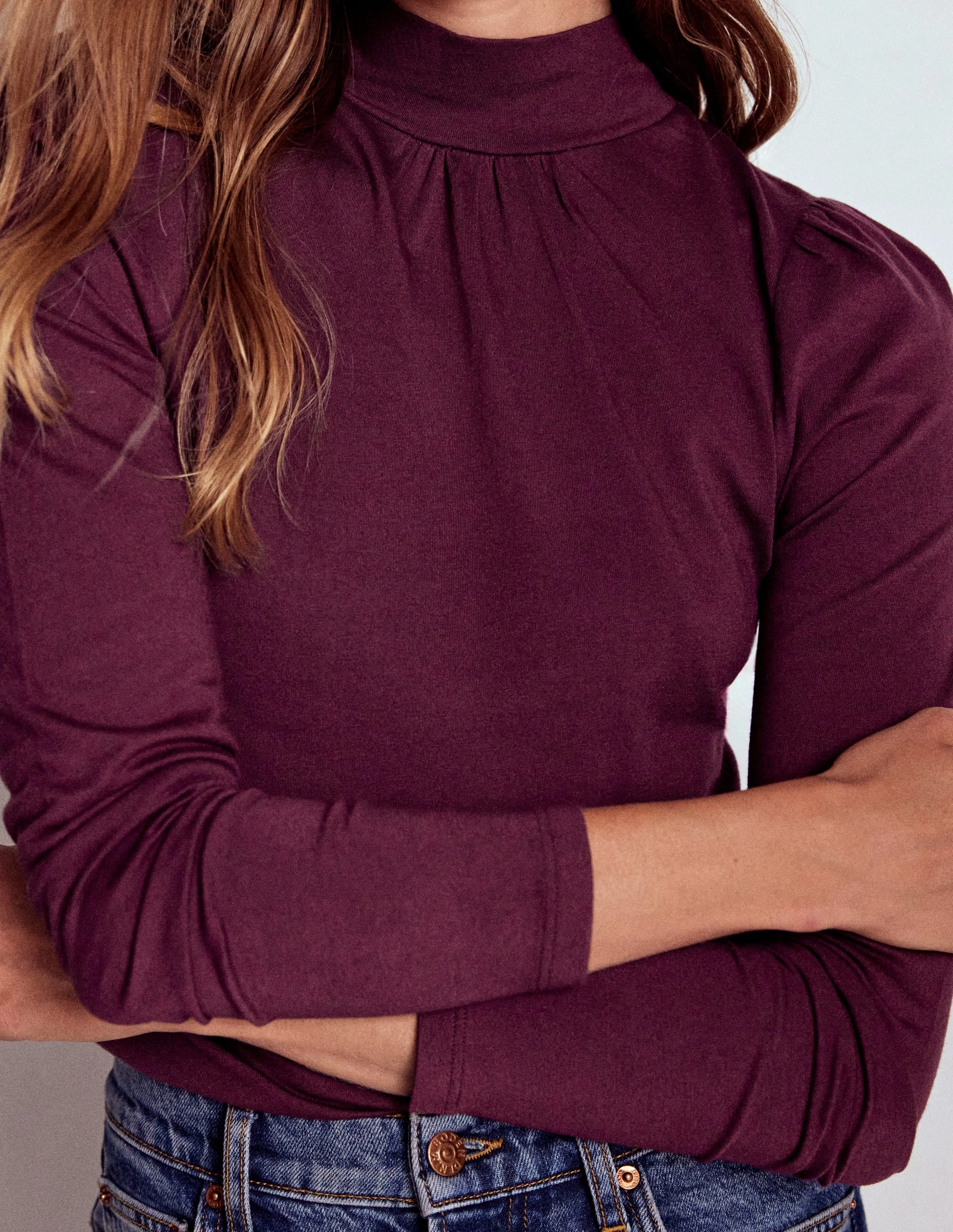 Ribbed Trims Puff Shoulder Jersey Top-Dark Cherry