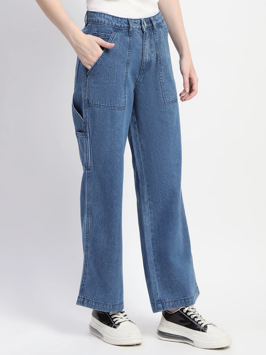 Madame Slant Pocket Flared Mid Blue Denim Effortless Look