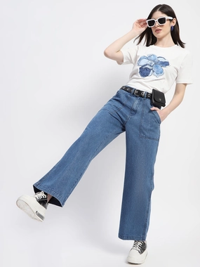 Madame Slant Pocket Flared Mid Blue Denim Fit For Every Day