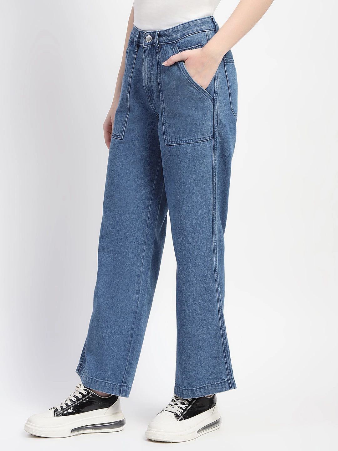 Elegant Bold Look Madame Slant Pocket Flared Mid Blue Denim
