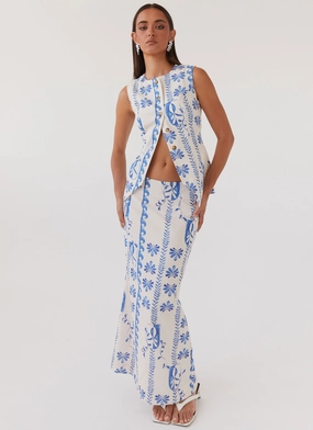 Born For Bordeaux Linen Midi Skirt - Floral Wave Subtle Finish Minimalist Layering