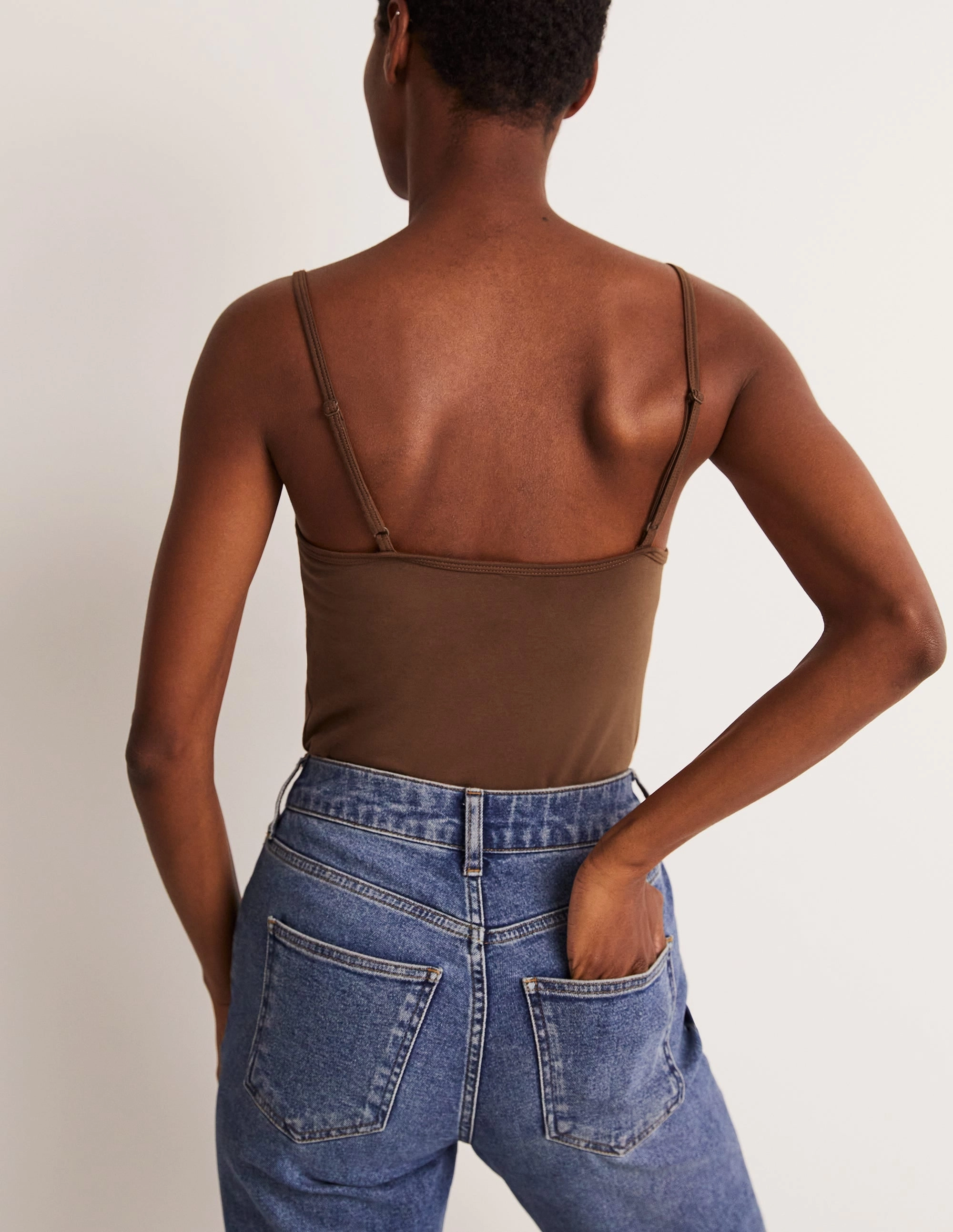 Plain Cami Top-Deep Brown Seamless Construction Design Asymmetrical hem