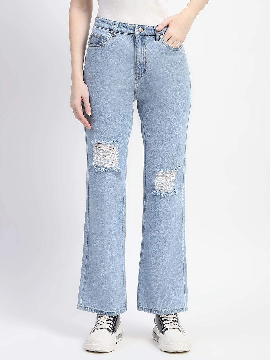 Madame Ice Blue Ripped Flared Denim Vintage Wash Relaxed Fit Design