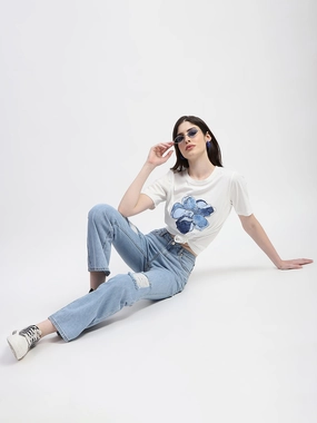 Comfort Fit Design Neutral Choice Madame Ice Blue Ripped Flared Denim