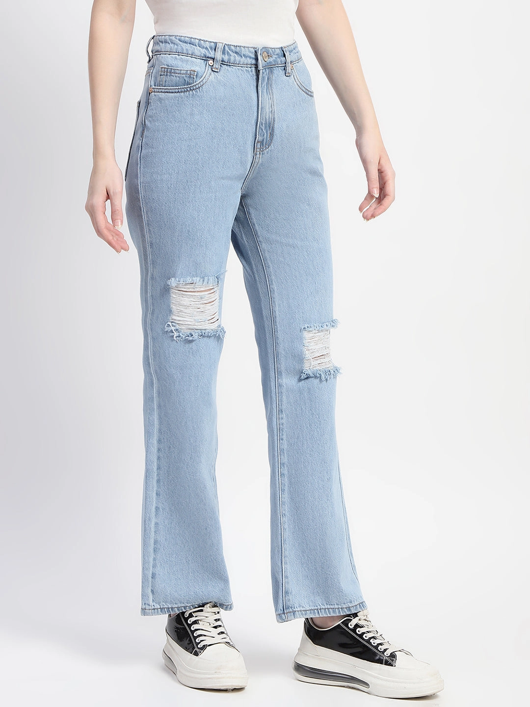 Madame Ice Blue Ripped Flared Denim Daily Wear Nature Lover Simple Outfit
