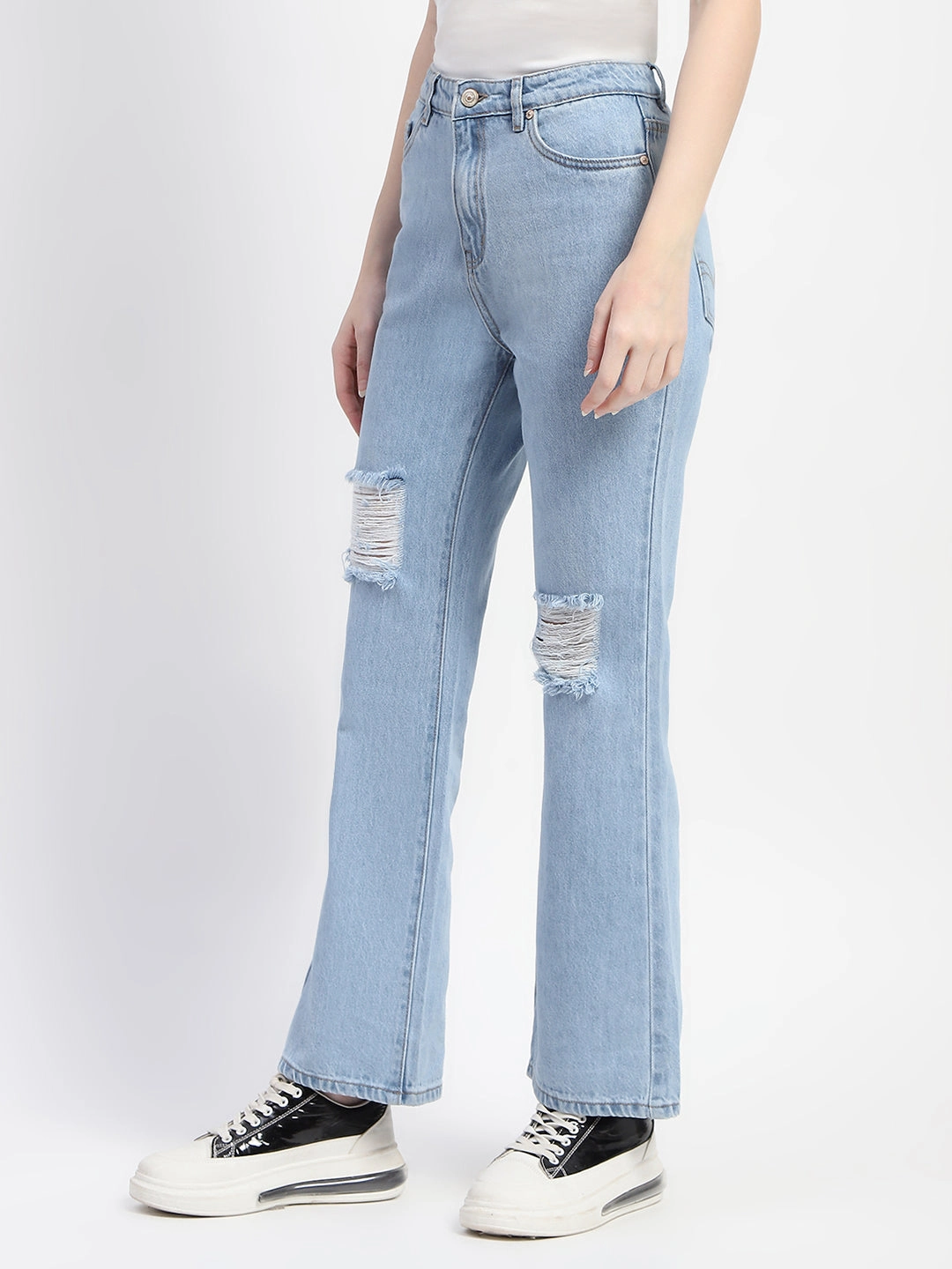 Day To Day Madame Ice Blue Ripped Flared Denim