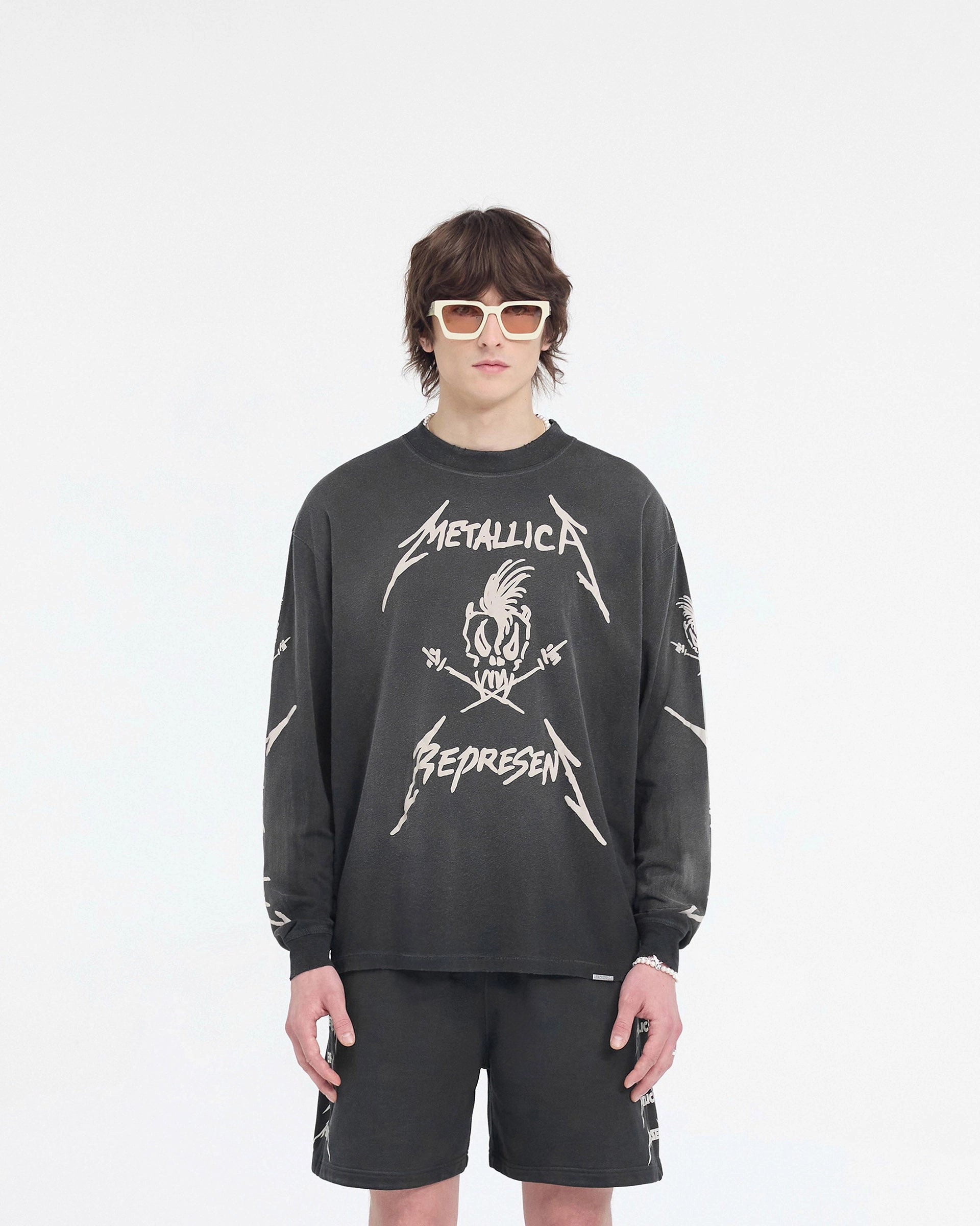 Comfy Wear Fit Relaxed Movement Represent X Metallica Garage Inc Long Sleeve T-Shirt - Stained Black