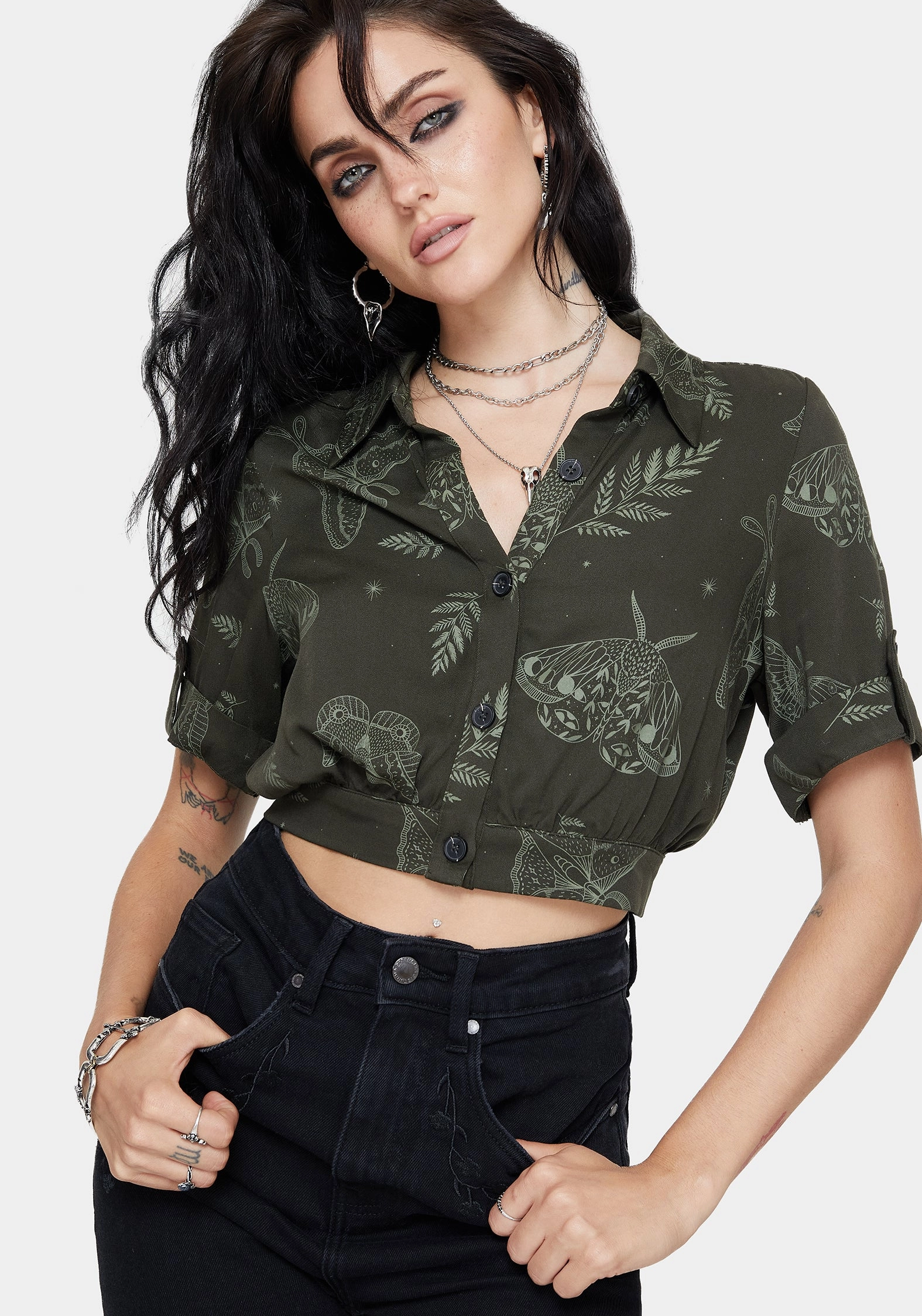 Warm Layers Callopistria Moth Print Short Sleeve Crop Shirt - Green