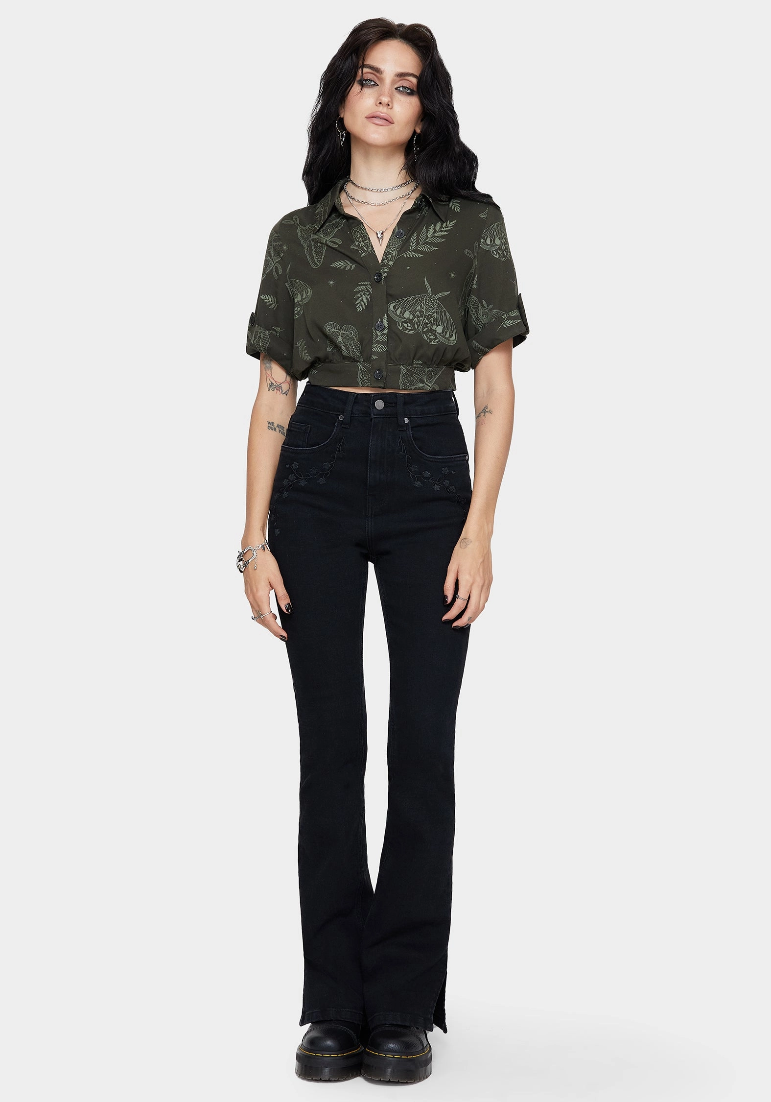 Callopistria Moth Print Short Sleeve Crop Shirt - Green Polka Dot