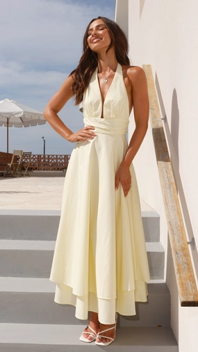 Kathy Halter Neck Maxi Dress - Lemon Printed-Lining