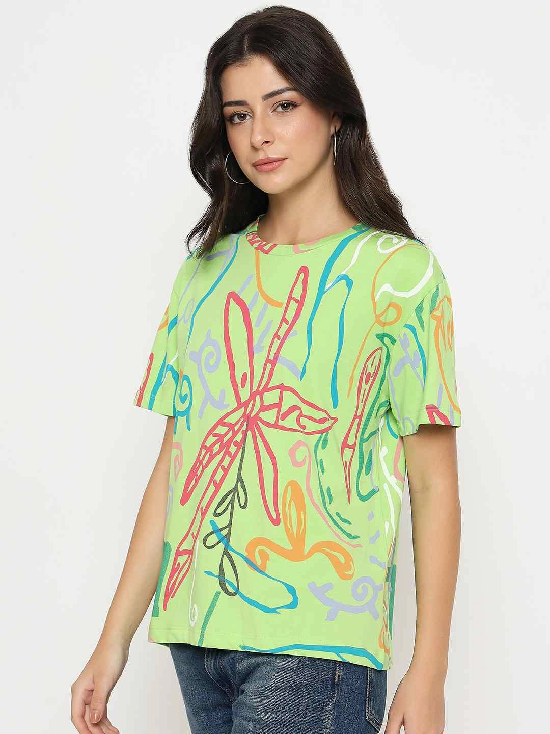 Day-to-Day Comfort sale season Madame All Over Print Half Sleeve Parrot Green Cotton T-shirt