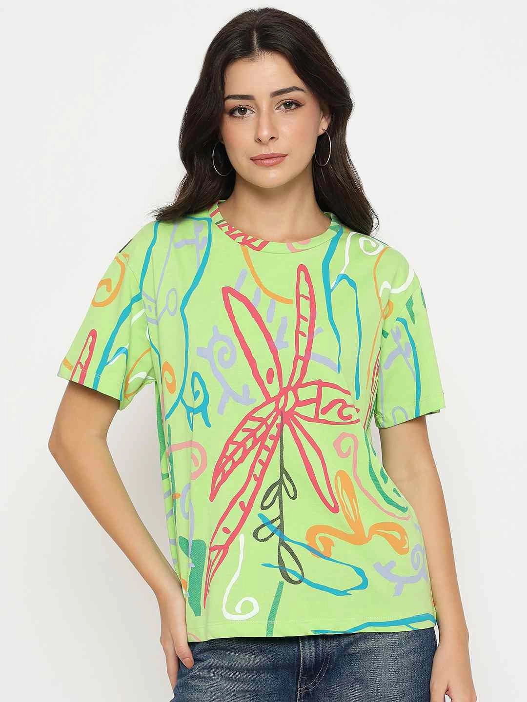 Cozy Wardrobe Madame All Over Print Half Sleeve Parrot Green Cotton T-shirt