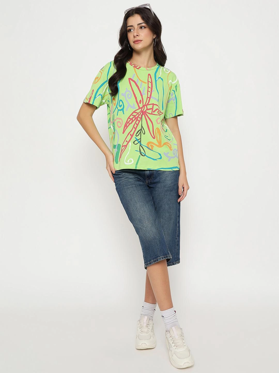 Madame All Over Print Half Sleeve Parrot Green Cotton T-shirt Heat Transfer Printing Casual Comfort Wear