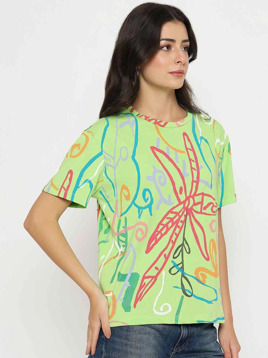 Everyday Fashion Chill Mode Fit Madame All Over Print Half Sleeve Parrot Green Cotton T-shirt