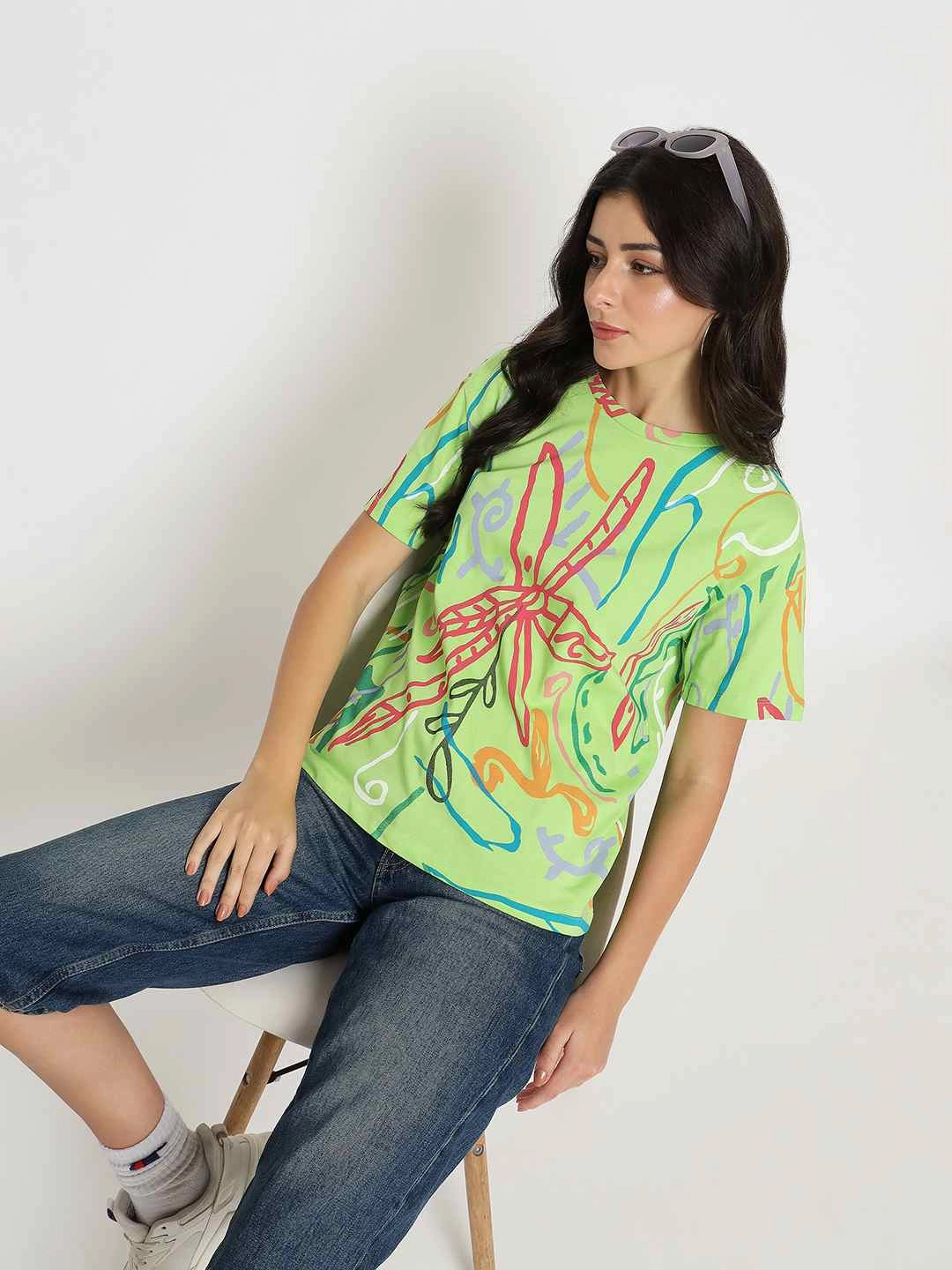 Madame All Over Print Half Sleeve Parrot Green Cotton T-shirt Quick Comfort Wear
