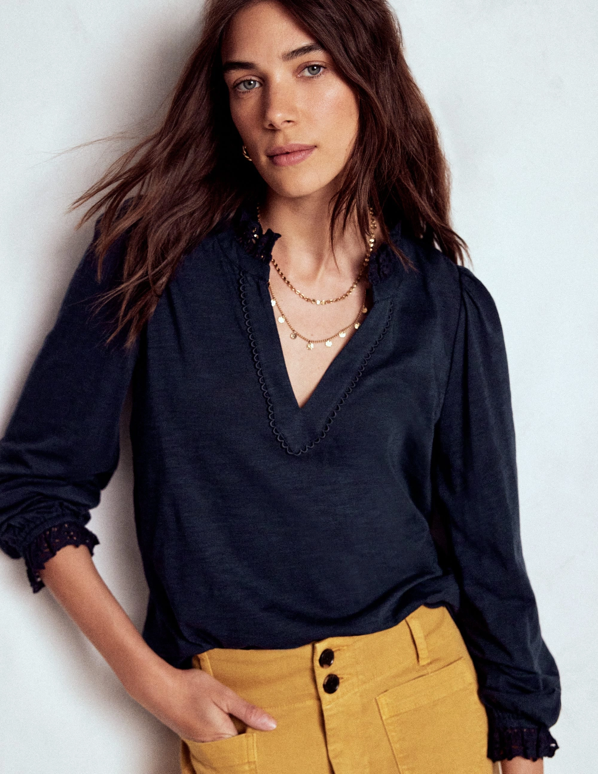 Aria Broderie Notch Neck Top-Navy Linen Blend Fabric Breathable Knit Fabric