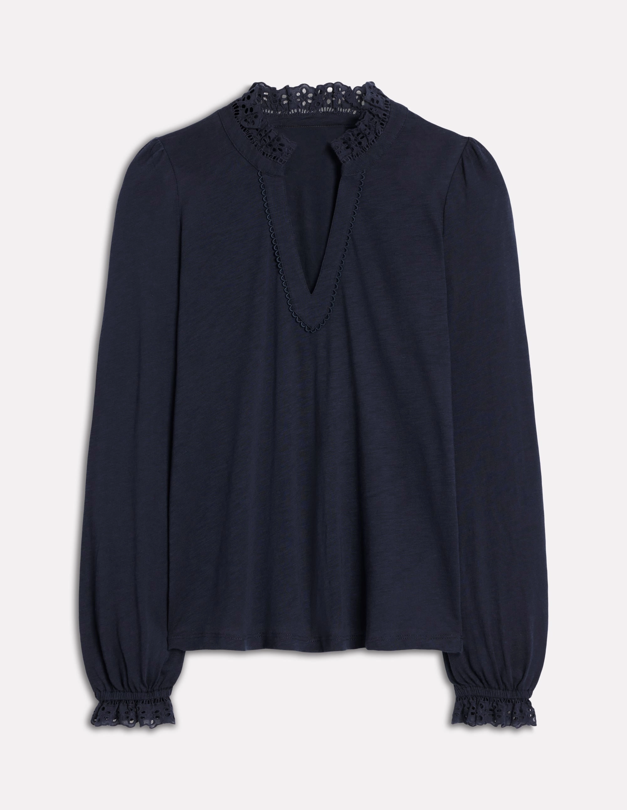 MicrofiberBlend Relaxed Sweatshirt Aria Broderie Notch Neck Top-Navy