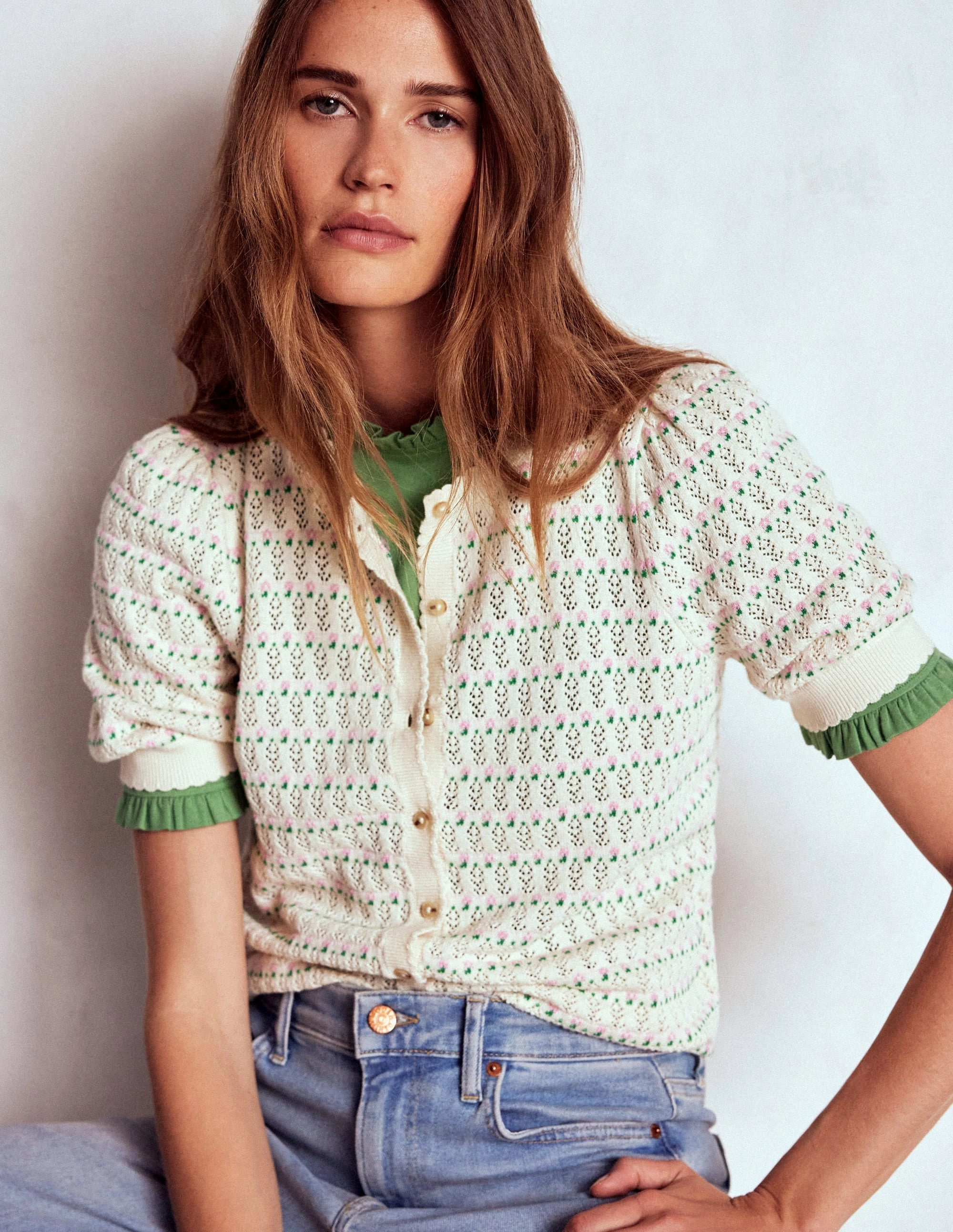 Grid Texture Fabric Buttonless Closure Supersoft Frill Detail T-shirt-Newt Green