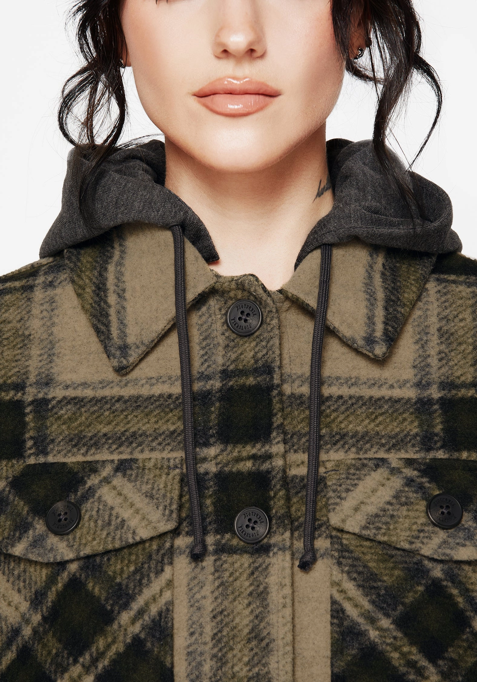 Layered Ventilation Panels Ergonomic Cut Trellis Hooded Pocket Check Shacket - Green