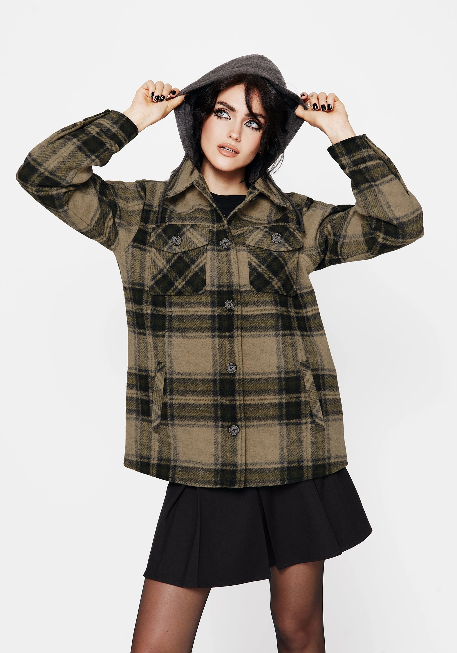 Moisture Managing Liner Hooded styles Trellis Hooded Pocket Check Shacket - Green