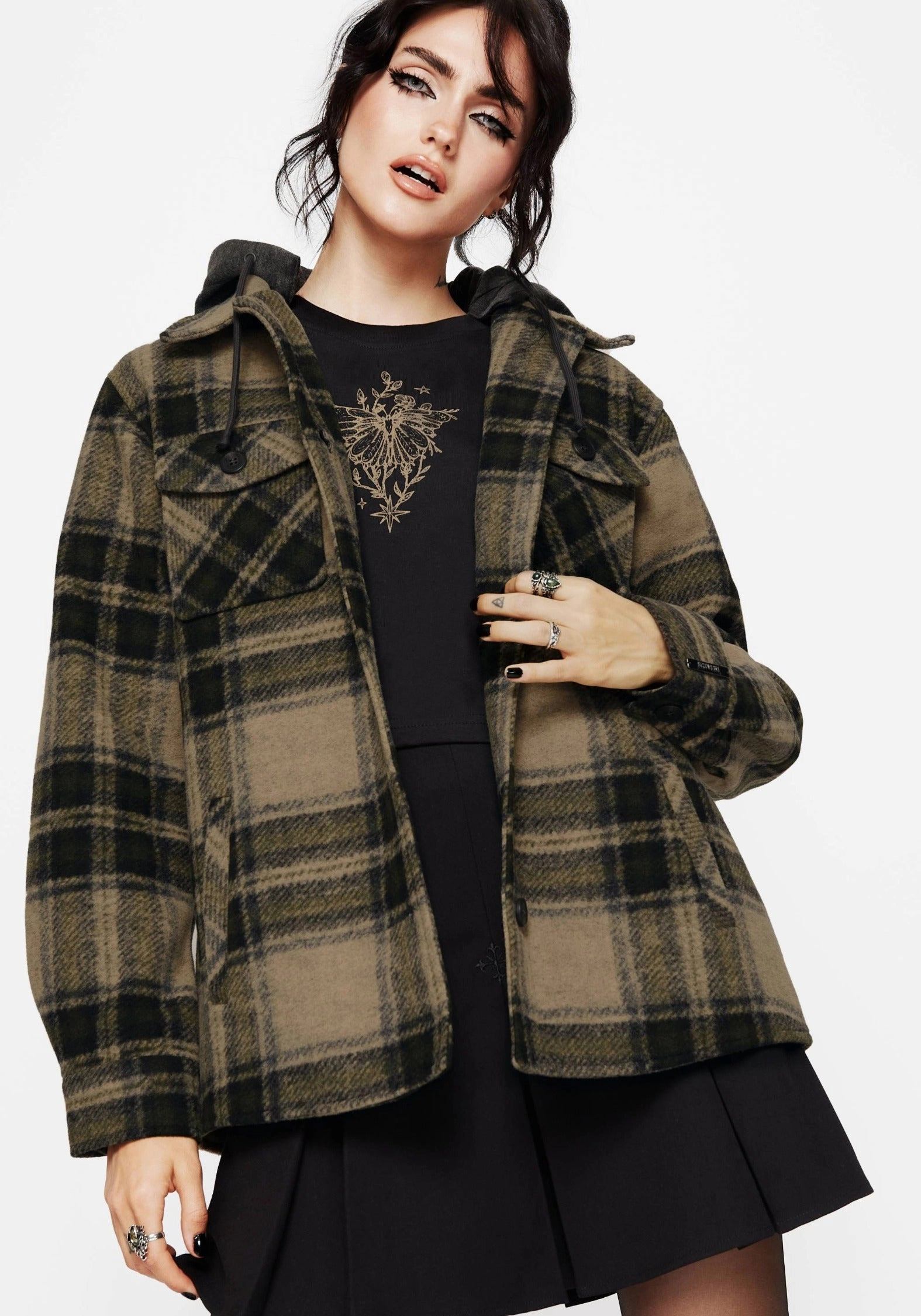 Trellis Hooded Pocket Check Shacket - Green Collapsible Packable Design