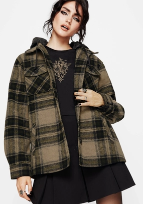 Trellis Hooded Pocket Check Shacket - Green Collapsible Packable Design