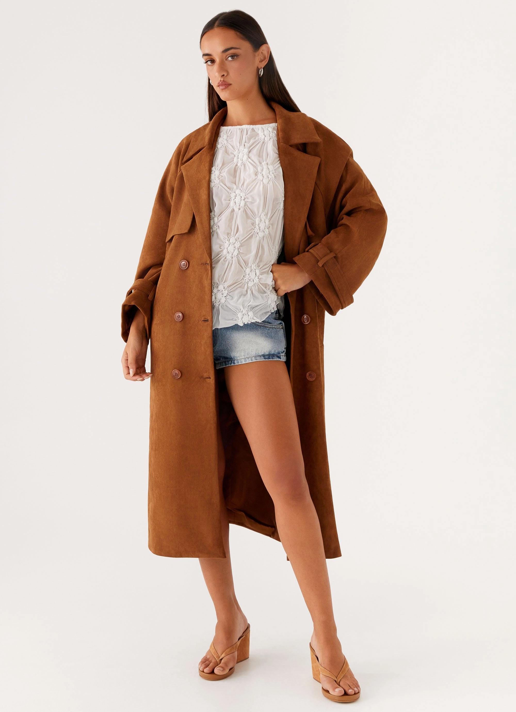 Easy Care Machine Washable Bridie Faux Suede Trench Coat - Brown