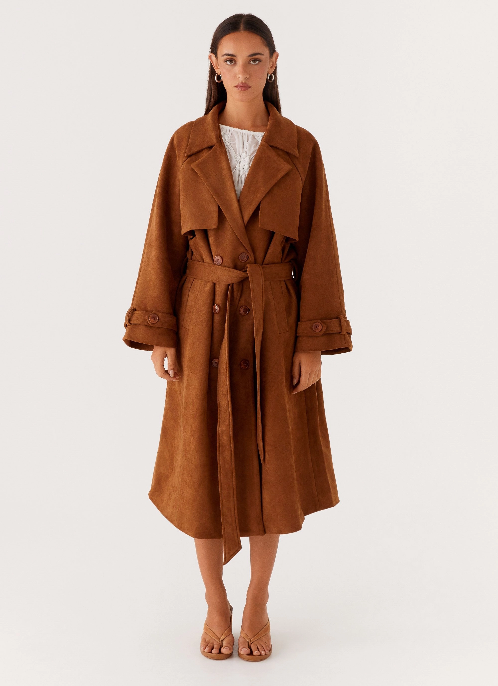 Bridie Faux Suede Trench Coat - Brown ReinforcedSeams