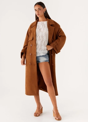 Easy Care Machine Washable Bridie Faux Suede Trench Coat - Brown
