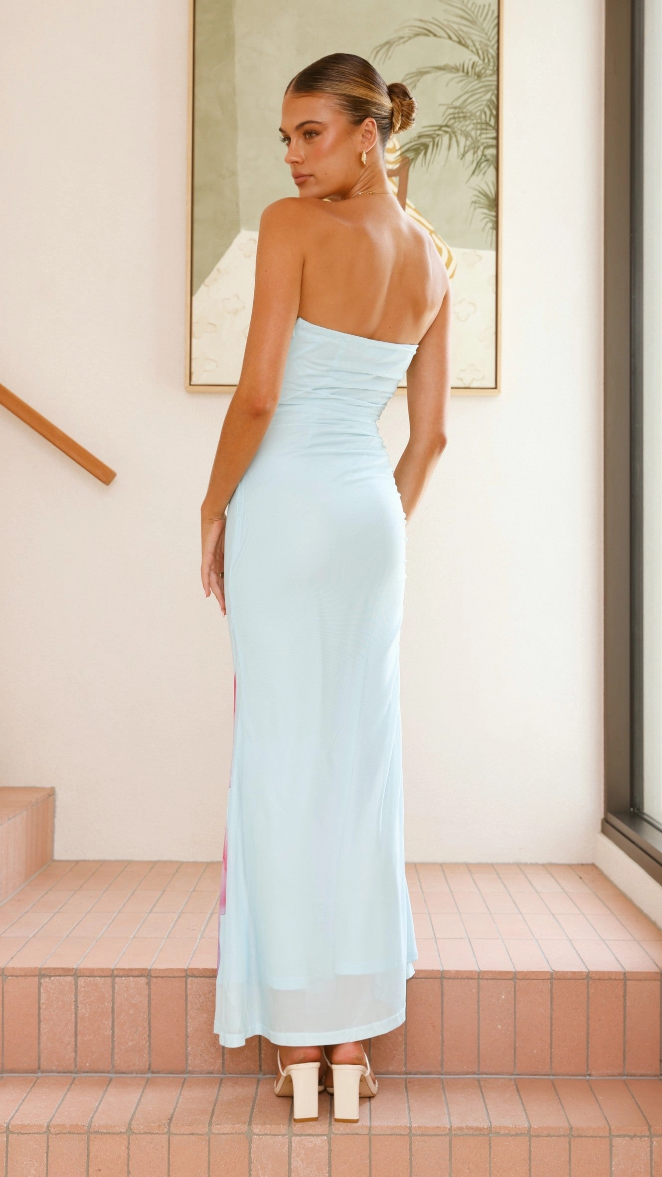 Soft Cut Gloss Accent Brittani Strapless Maxi Dress - Blue/Pink