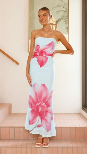 Bright-Hue Fall Fashion Brittani Strapless Maxi Dress - Blue/Pink