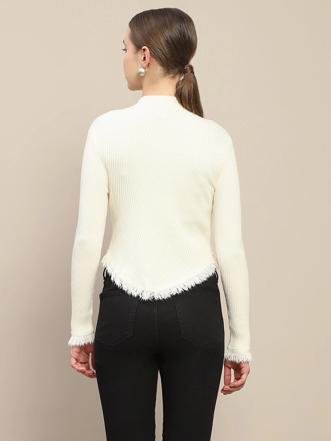 Stretch Knit Madame Fur Cuffs and Hem Beige Sweater