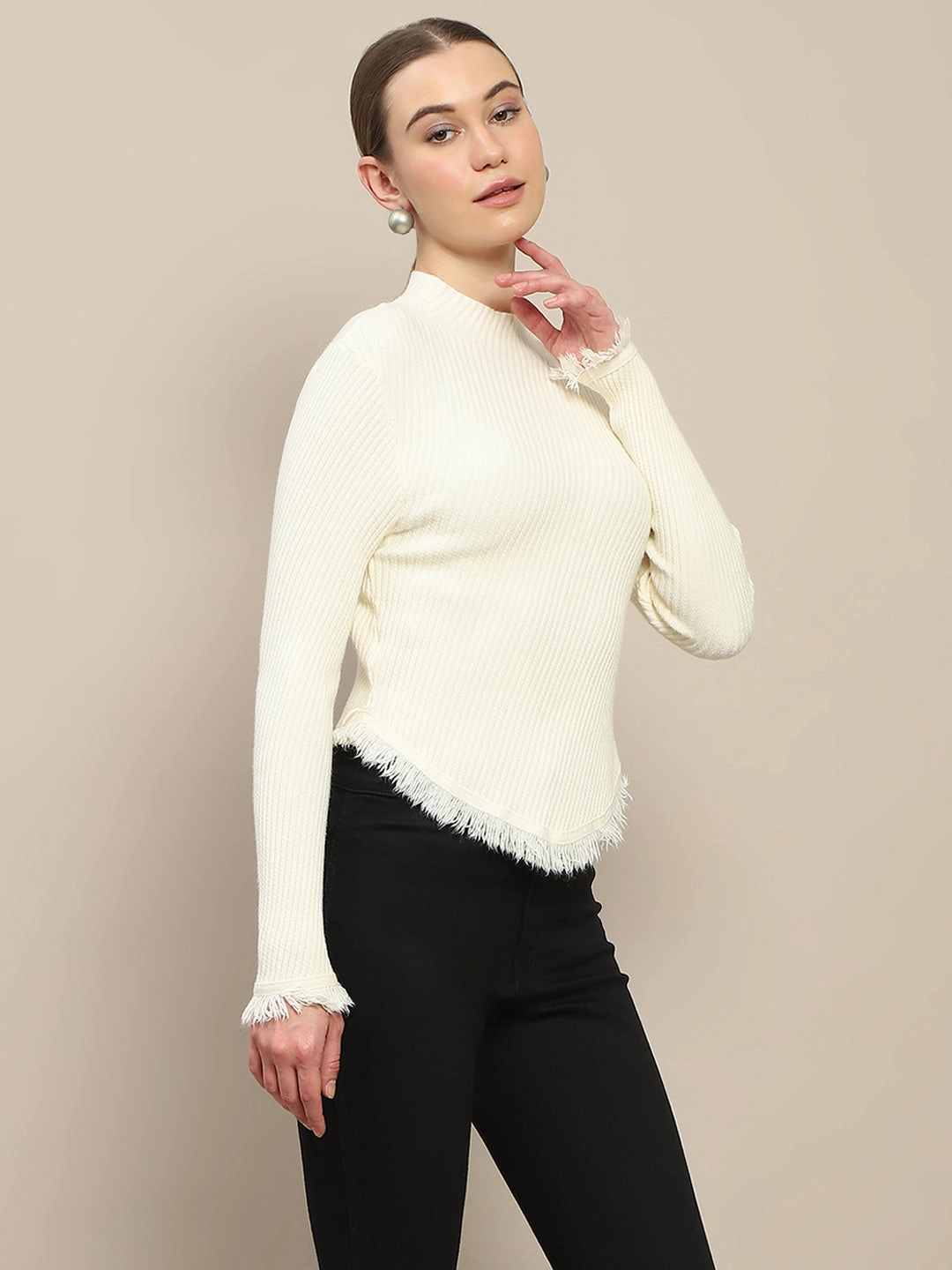Relaxed fit wear Moisture wicking Madame Fur Cuffs and Hem Beige Sweater