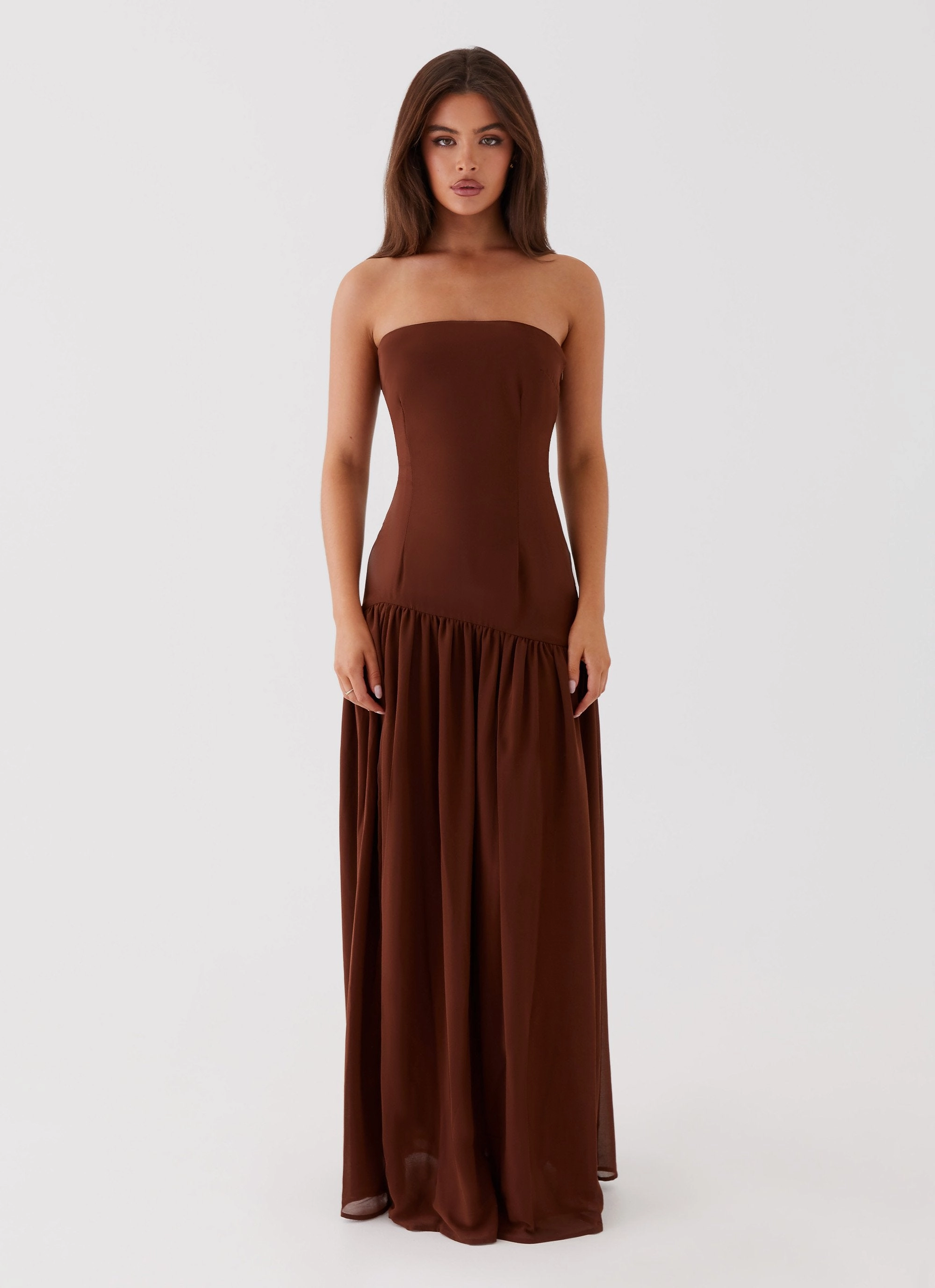 Eden Strapless Maxi Dress - Brown Stud-Detail Stylish Look