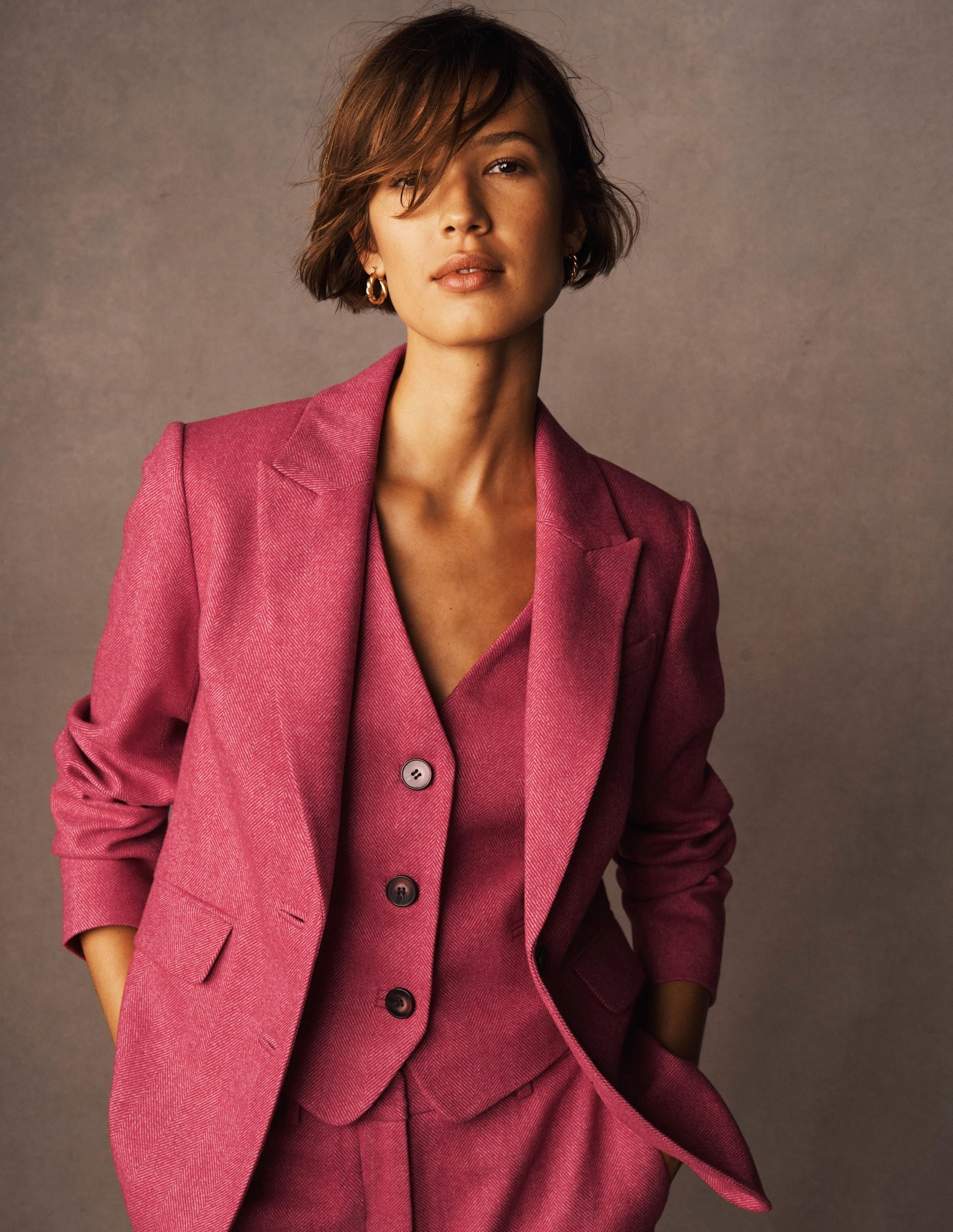 Lightweight Waterproof Jacket Double Layered Stamford Wool-Blend Blazer-Red and Pink Wide Herringbone