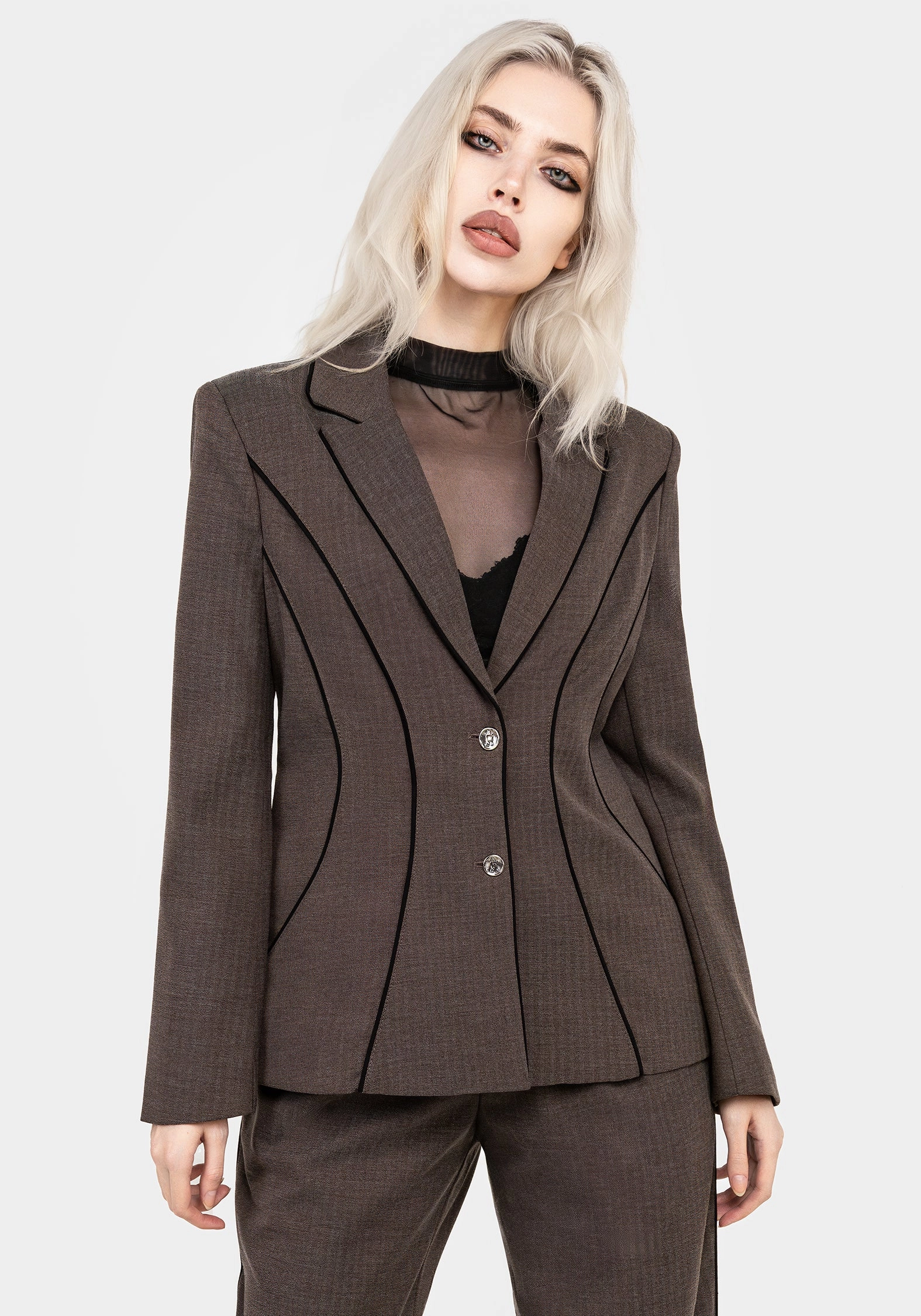Double Breasted Cointrelle Herringbone Piped Blazer