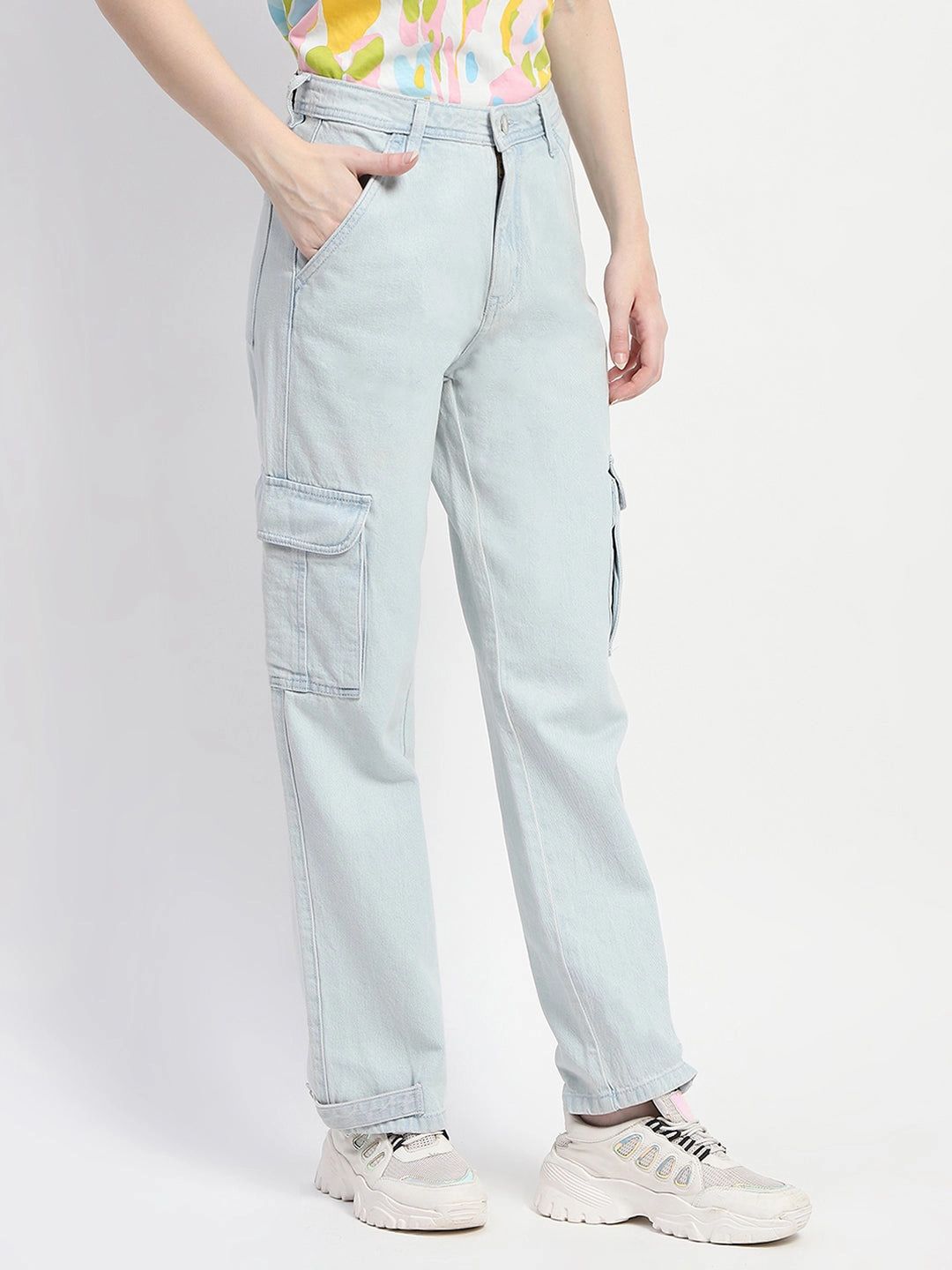Versatile Waist Design Madame Cargo Ice Blue Light Wash Denim