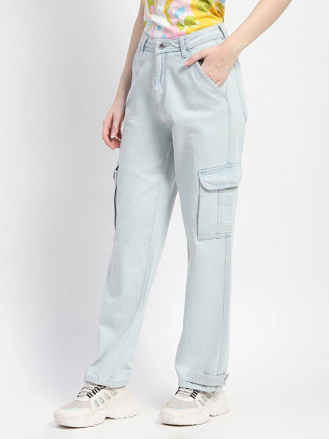 Madame Cargo Ice Blue Light Wash Denim Sandblasted Finish No Bulk Seam Design