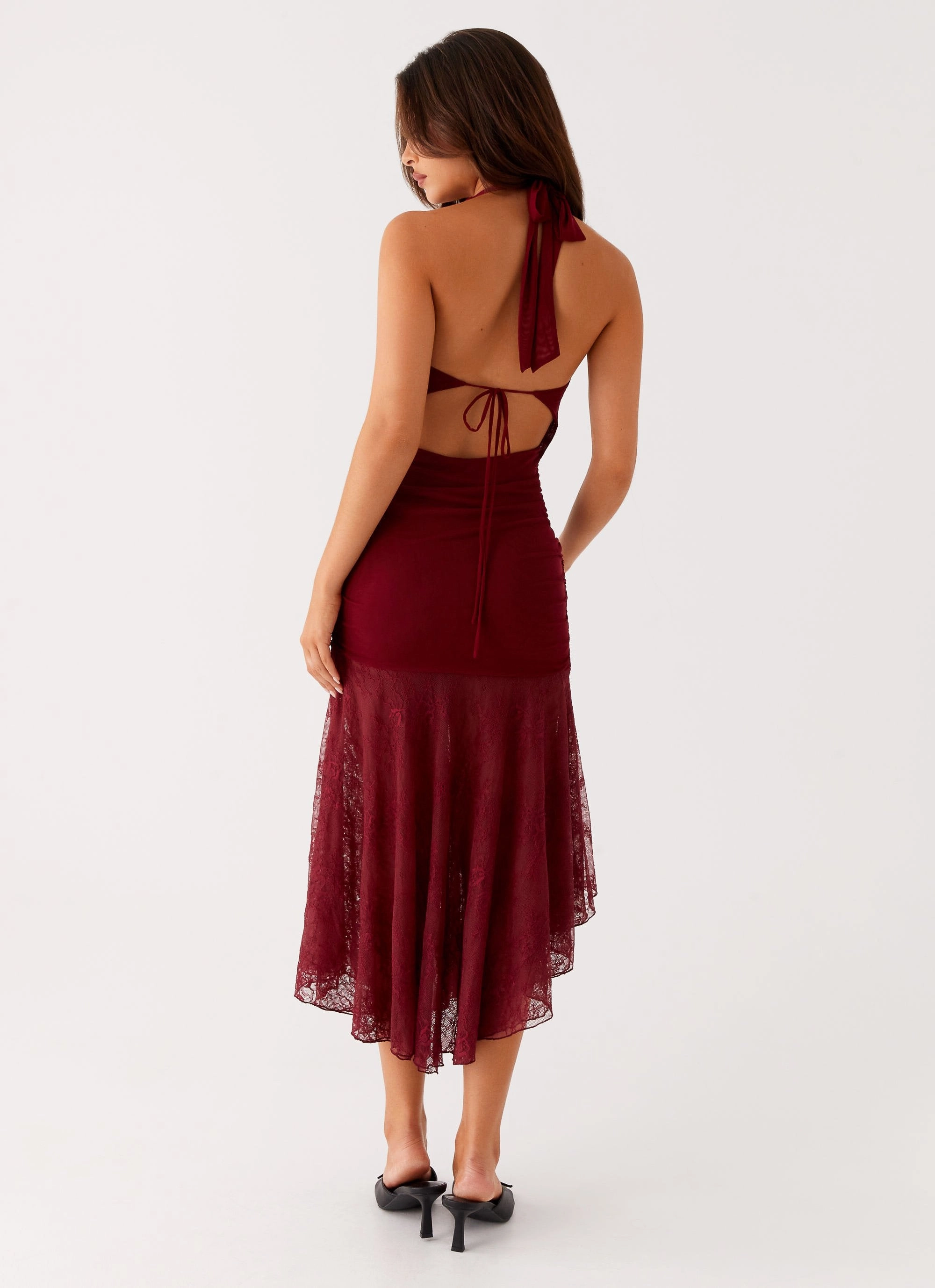 Gathered-Detail Fluid Cut Burnout Midi Dress - Maroon