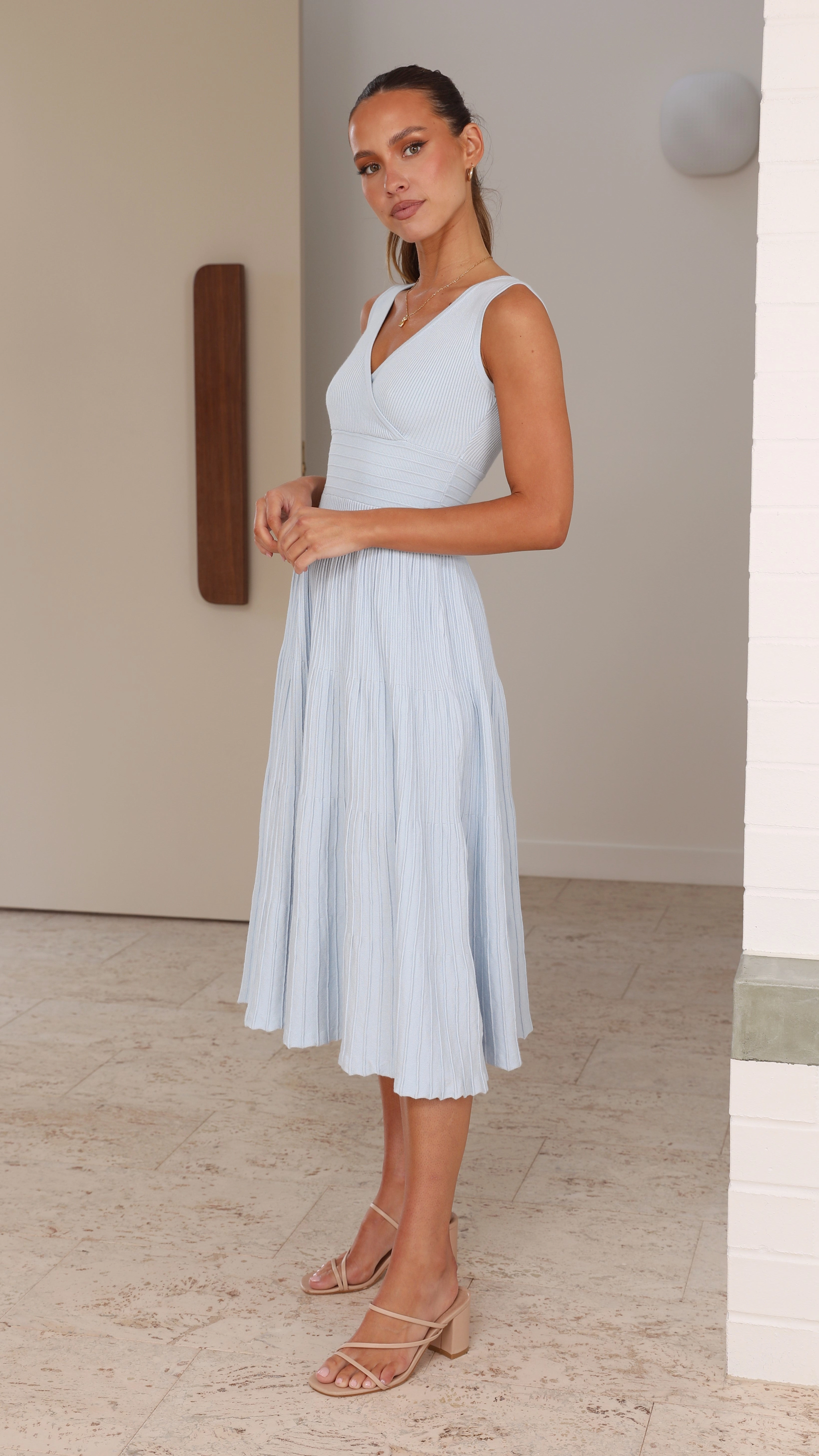 Sheer Overlay Shirred-Detail Jayde Knit Dress - Light Blue