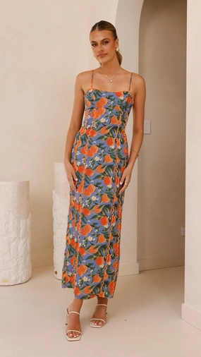Carlia Midi Dress - Orange Print Beadwork